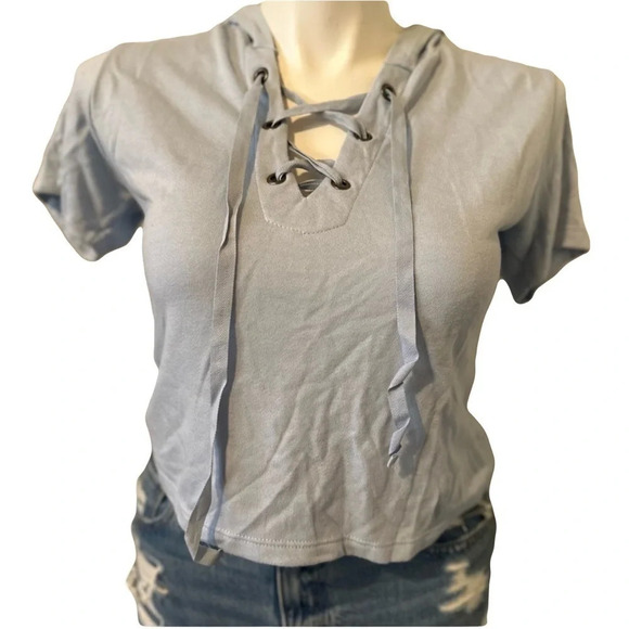 Sky and Sparrow Blue Crop Short Sleeve Hoodie Size M - Picture 1 of 2